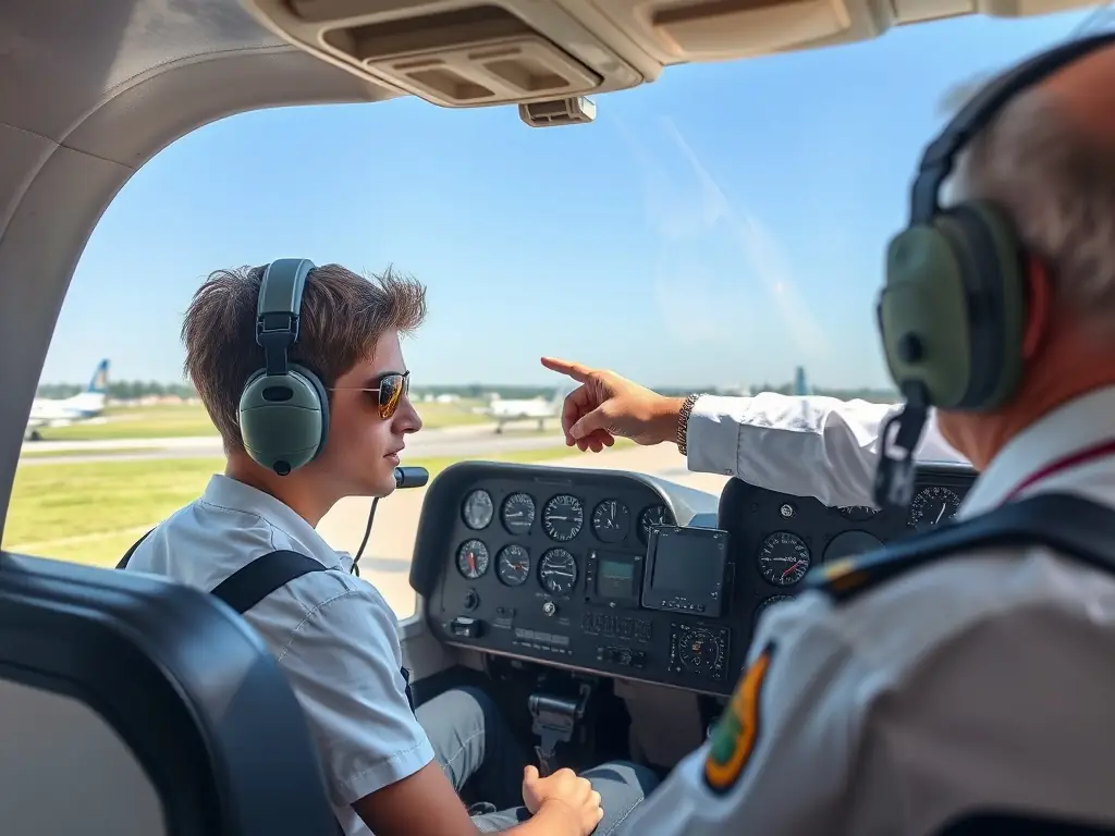 A student pilot in the cockpit of a small aircraft, receiving instruction from a certified flight instructor, with the airfield and other planes visible in the background.
