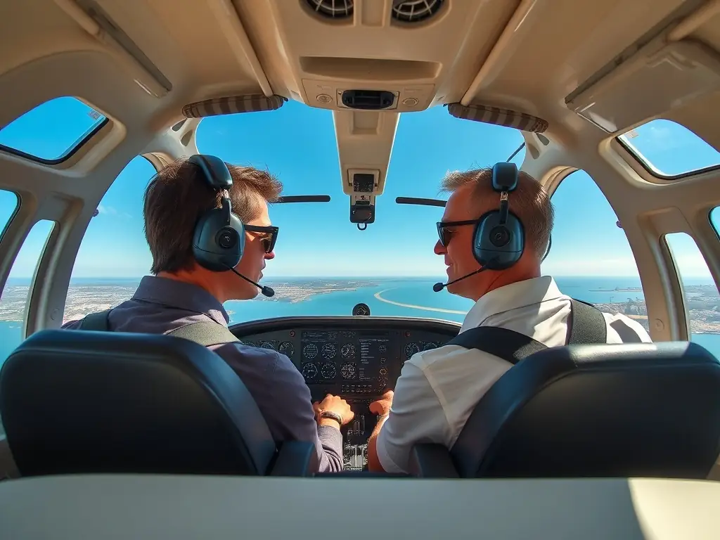A close-up shot of a student pilot in the cockpit, focused on the controls, with the instructor beside them, both wearing headsets and communicating effectively. The backdrop shows a clear blue sky and the coastline of La Rochelle.