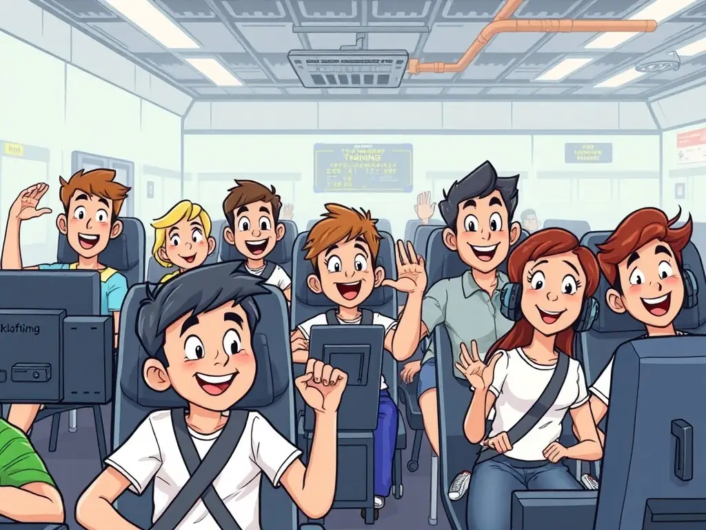 A diverse group of people participating in a public discovery program, experiencing the thrill of flight through simulators and introductory sessions.