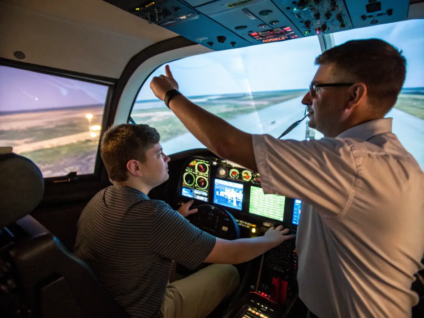 An instructor guiding a student pilot during a flight lesson with a scenic view of La Rochelle in the background, showcasing the practical training aspect of the Pilot Training Program.