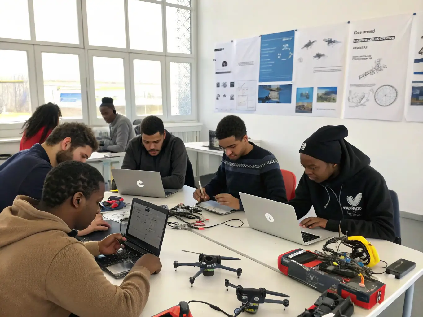 A group of students participating in a technical instruction session, learning about aircraft maintenance and engineering principles.