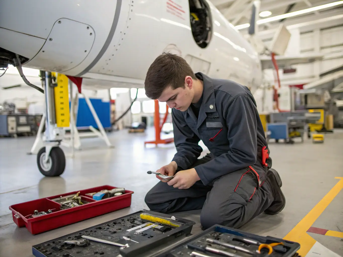 A group of students participating in a technical instruction session, focusing on aircraft maintenance and repair, inside a well-equipped hangar.