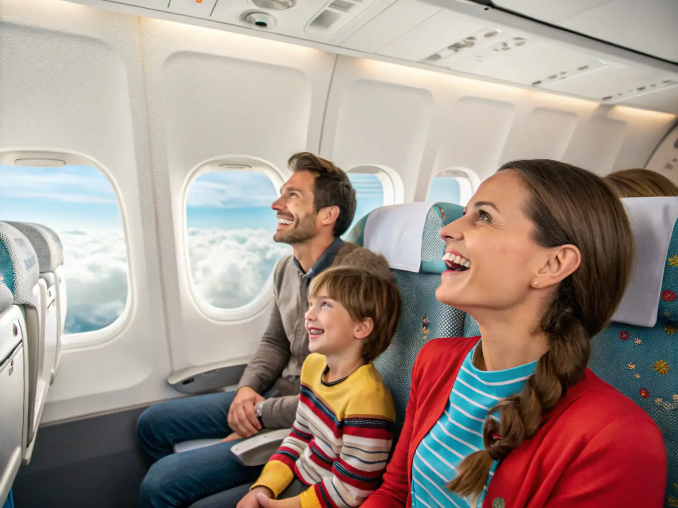 A family enjoying a discovery flight experience, with a scenic view from the aircraft window, showcasing the beauty of the surrounding landscape.
