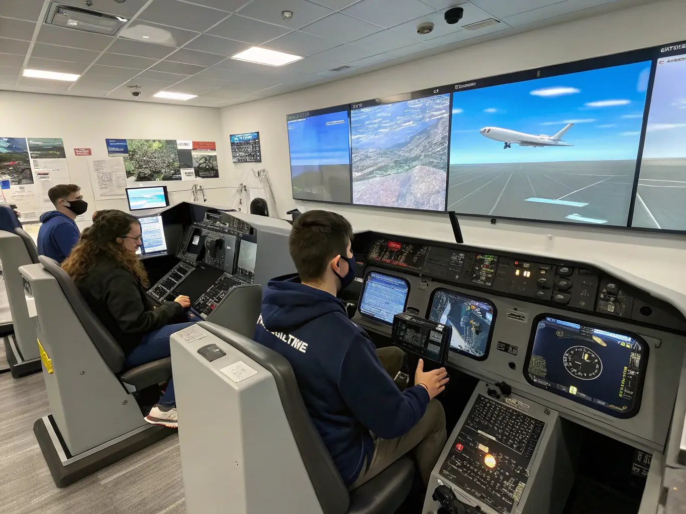 A well-lit, modern training room at AERO CLUB DE LA CHTE MME, featuring comfortable seating, interactive whiteboards, and aviation charts on the walls. The room should appear conducive to learning and collaboration.