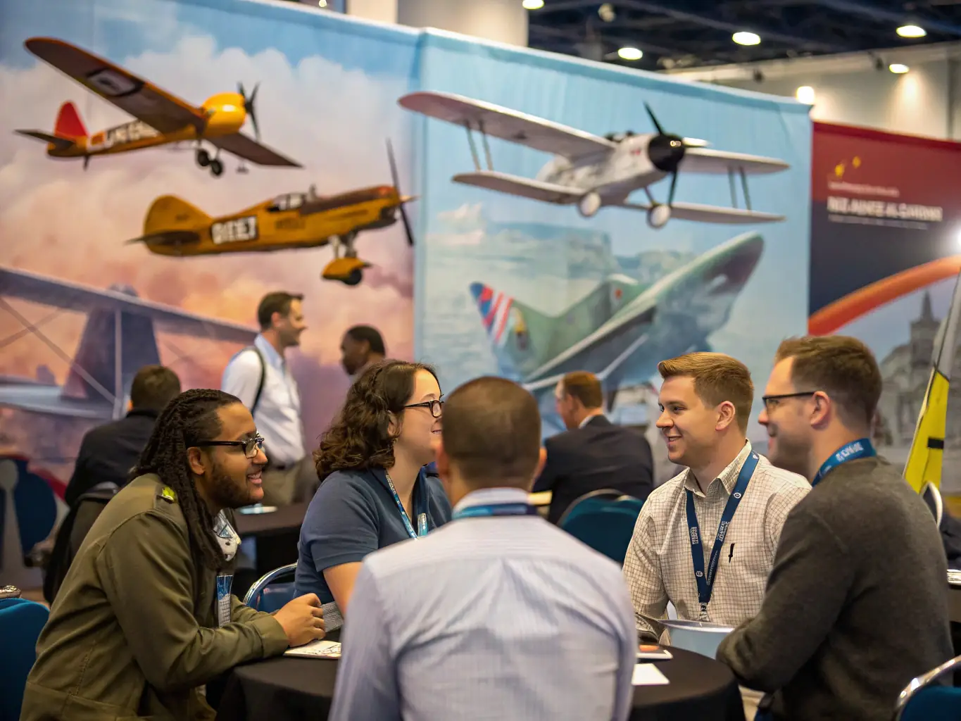 A diverse group of young adults exploring various aviation careers at a club-sponsored career fair, interacting with professionals from different sectors of the aviation industry.