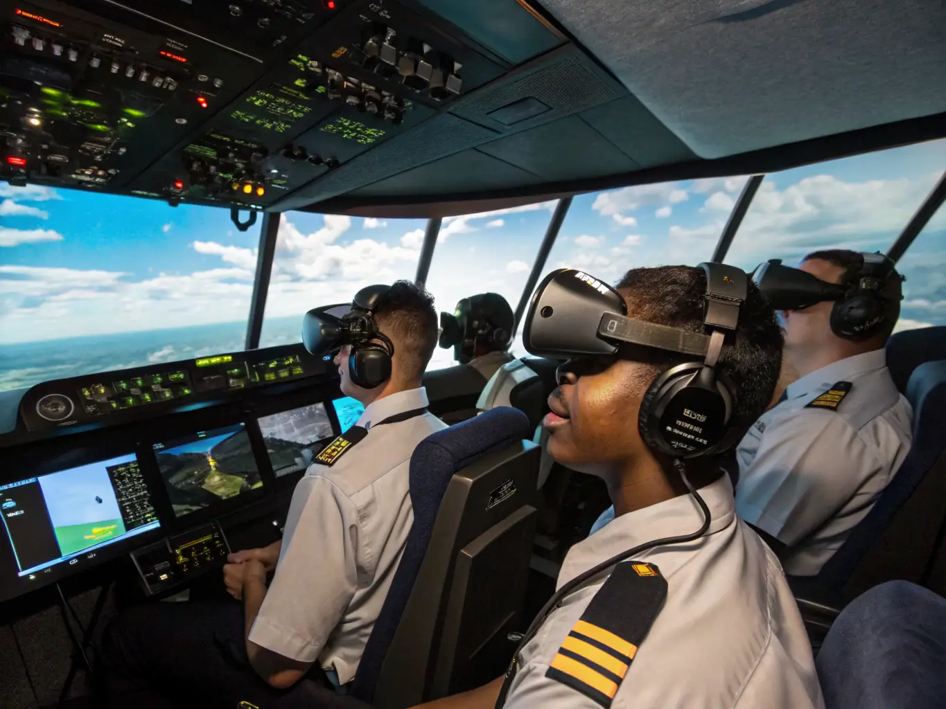 A high-definition image of a group of people participating in a flight simulation activity, with realistic cockpit controls and a projected landscape view. The participants are smiling and engaged.