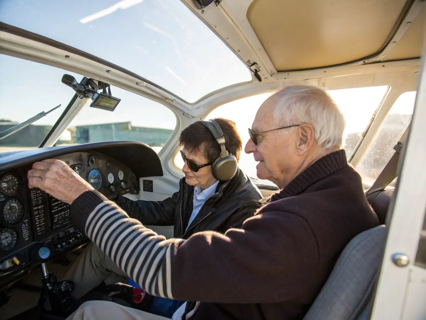 A student pilot in the cockpit of a small aircraft, receiving instruction from a certified flight instructor. The focus is on the student's focused expression and the instructor's guiding hand.