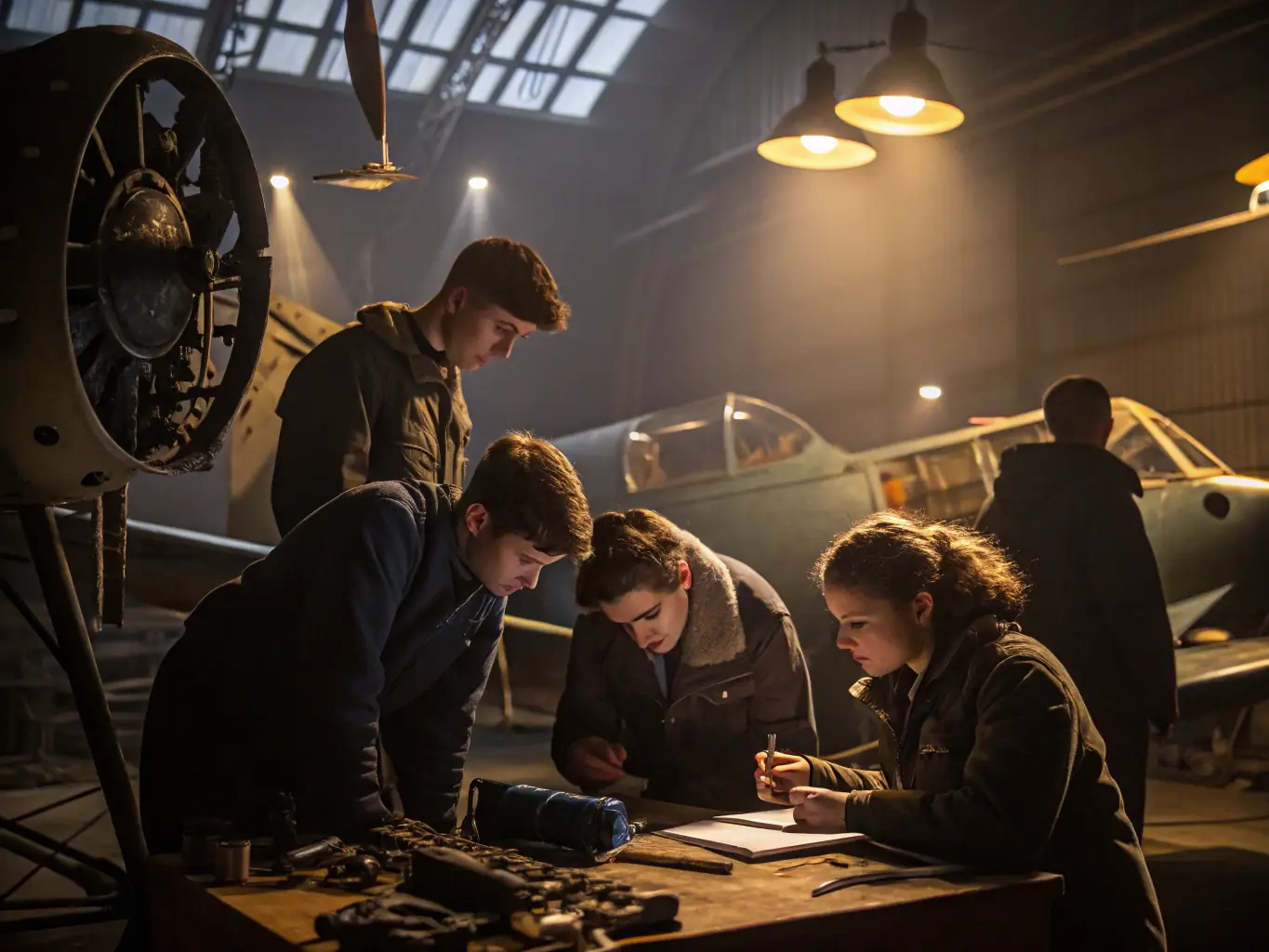 A group of club members participating in a safety awareness workshop, learning about pre-flight checks and emergency procedures. The setting is a well-equipped classroom with aviation charts and models.