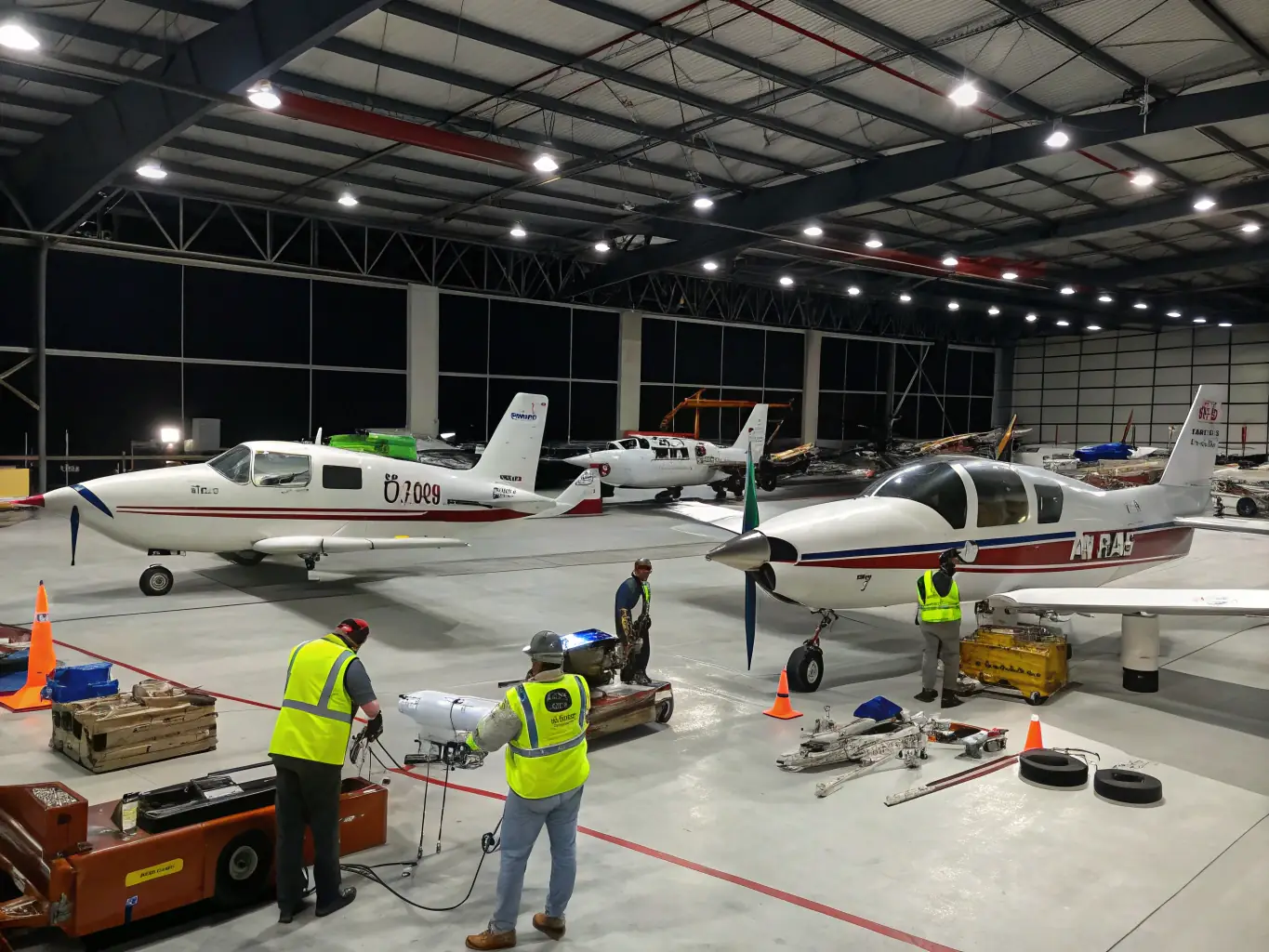 A group of club members gathered around a vintage aircraft, discussing its history and mechanics. The scene is set at the Aero Club's hangar, with various tools and equipment visible in the background.